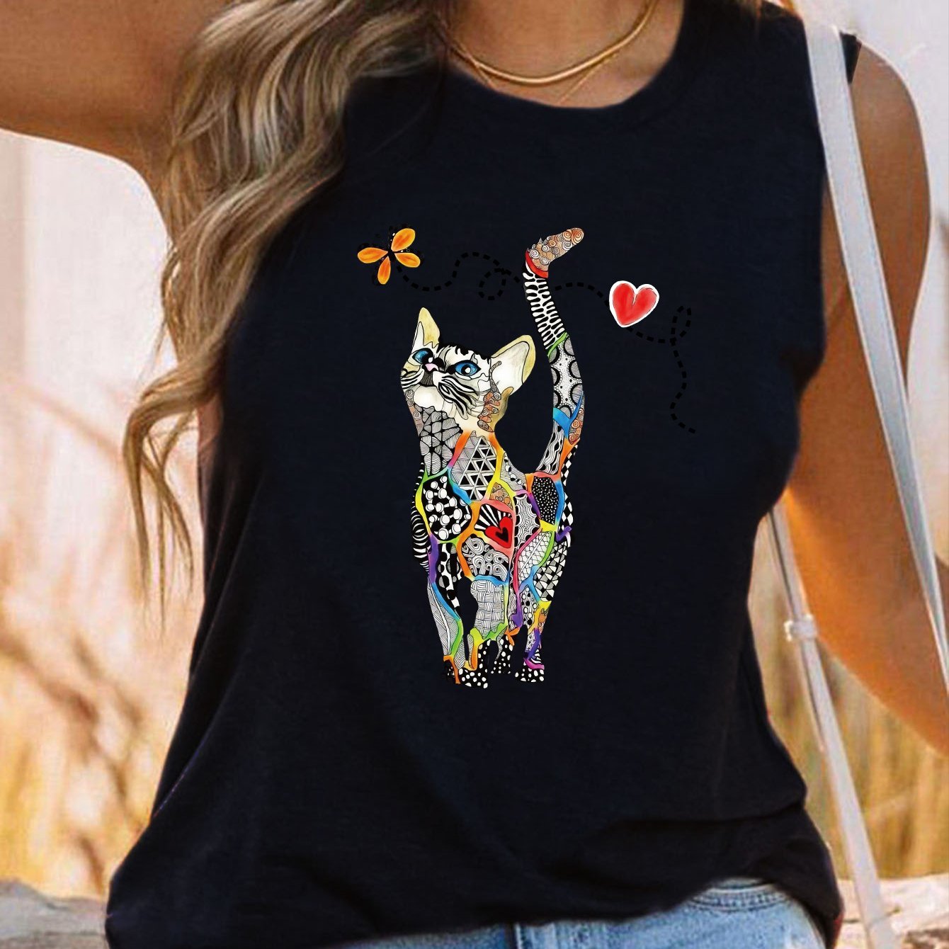 Cat Print Tank Top Sleeveless Casual Summ...