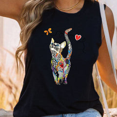 Cat Print Tank Top Sleeveless Casual Summ...