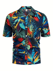 Men's Leaf Print Beach Shirt - Casual Short Sleeves for Summer