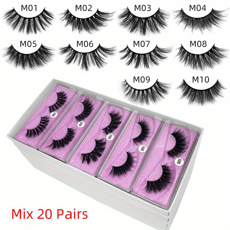 20 Pairs 3D False Eyelashes Set with Purple Glitter Long Extension Makeup Lashes