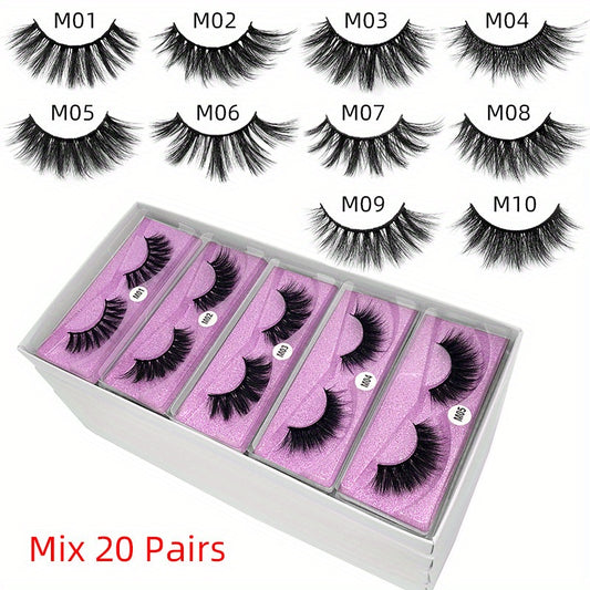 20 Pairs 3D False Eyelashes Set with Purple Glitter Long Extension Makeup Lashes