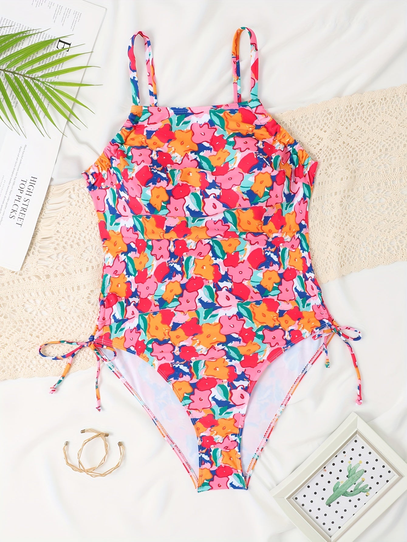Floral Print Lace Up Side One Piece Bathing Suit