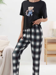 Bear Print Pajama Set Short Sleeve Crew Neck Top & Pants Women's Sleepwear