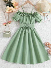 Girls Casual Solid Princess Pleated Dress Cold Shoulder Short Sleeves