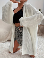 Plus Size Solid Ribbed Lantern Sleeve Open Front Knit Cardigan