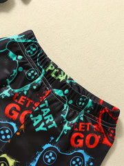 Boys Gamepad Print Swim Trunks & Cap Set for Beach Vacation