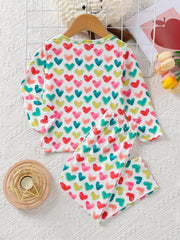 Girl's 2pcs Heart Print Pajama Set Long Sleeve Top & Pants