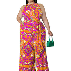 Paisley Print Halter Neck Wide Leg Jumpsuit Plus Size Medium Stretch