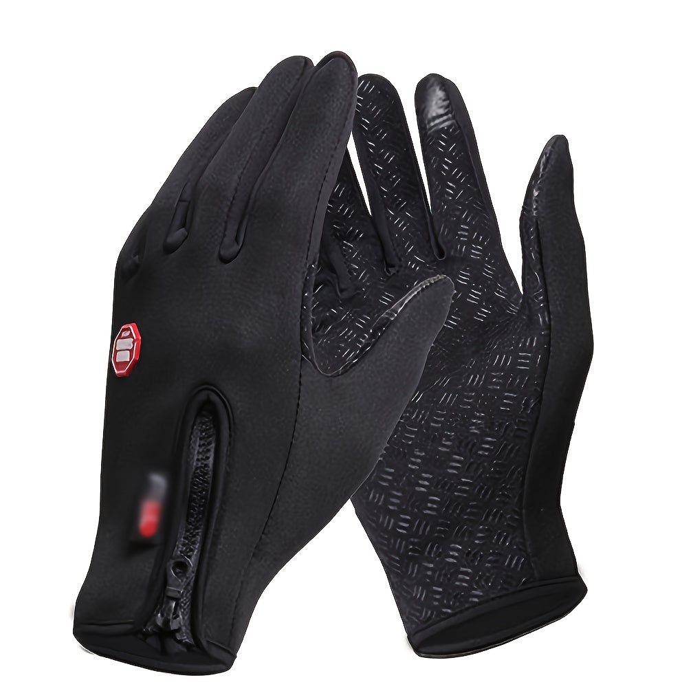 Warm Fleece Cycling Gloves with Touch Screen, Zipper - Outdoor Activities