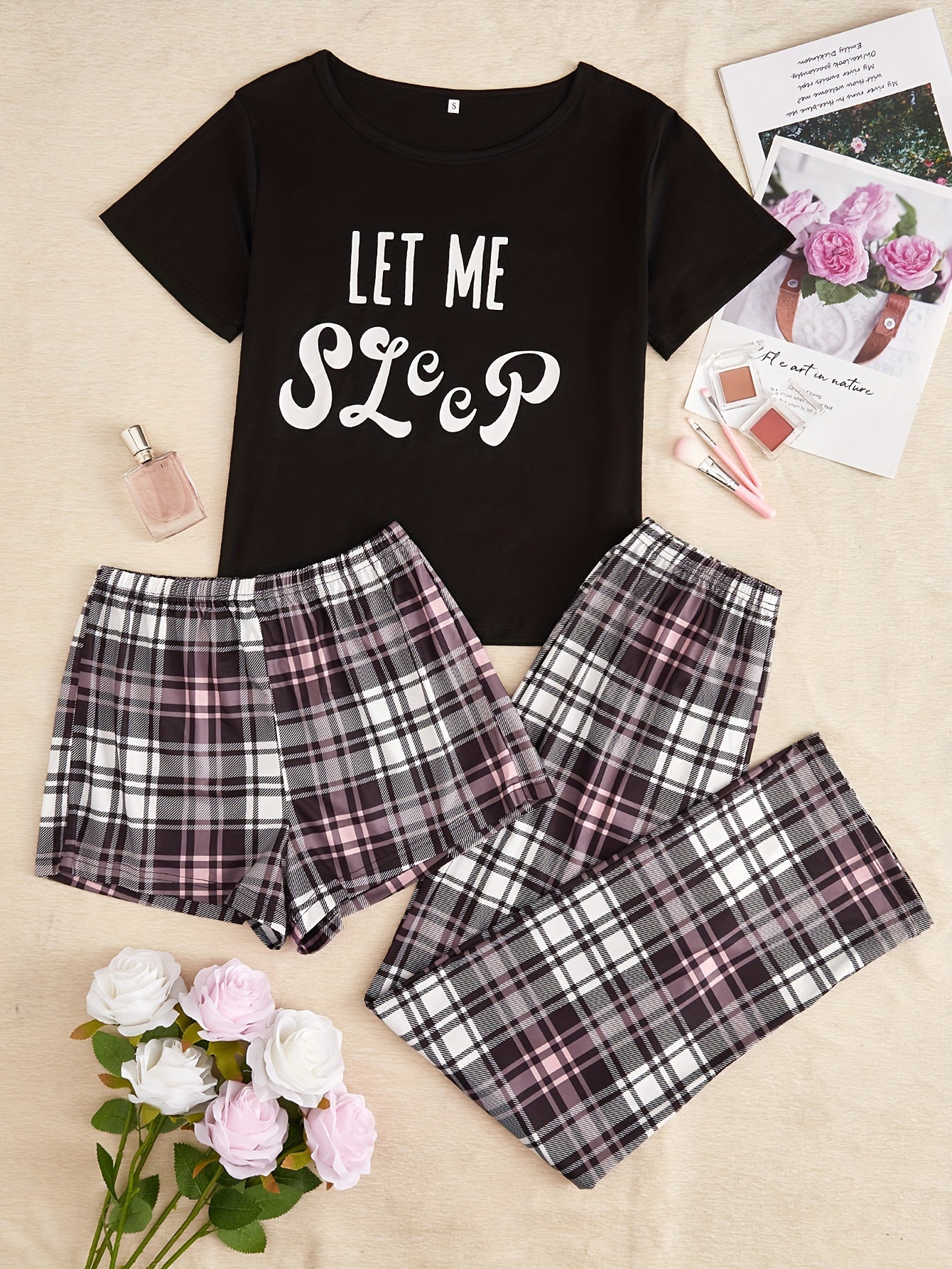 Letter & Plaid Print Pajama Set Women's Sleepwear