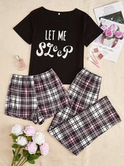 Letter & Plaid Print Pajama Set Women's Sleepwear