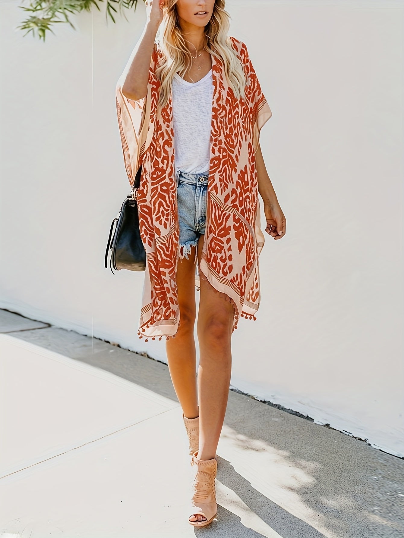 Pom Pom Half Sleeve Cover Up V Neck Soft Kimono Beach Blouse