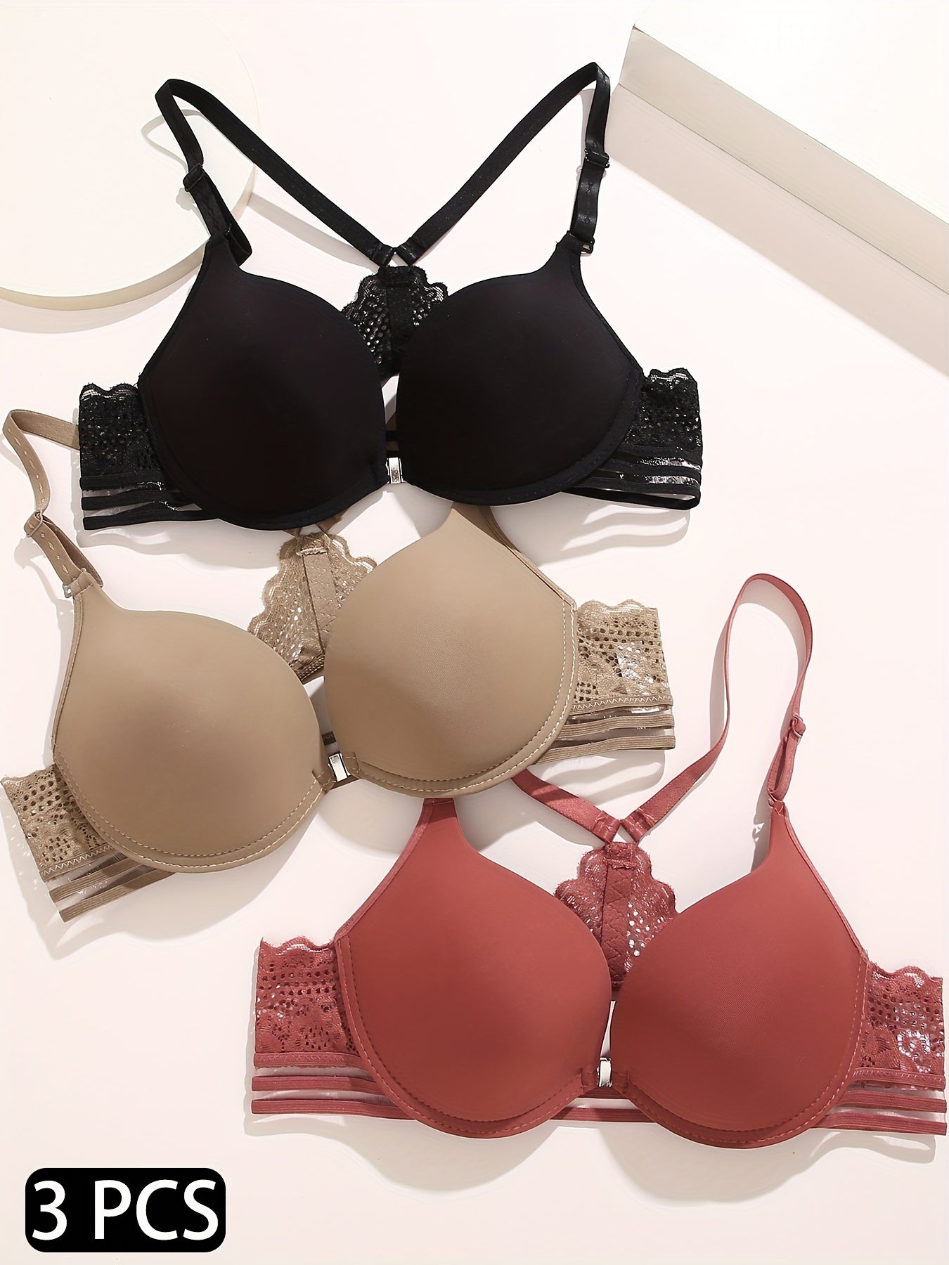 3pcs Lace Push Up Bras Front Buckle Comfy & Breathable Women's Lingerie