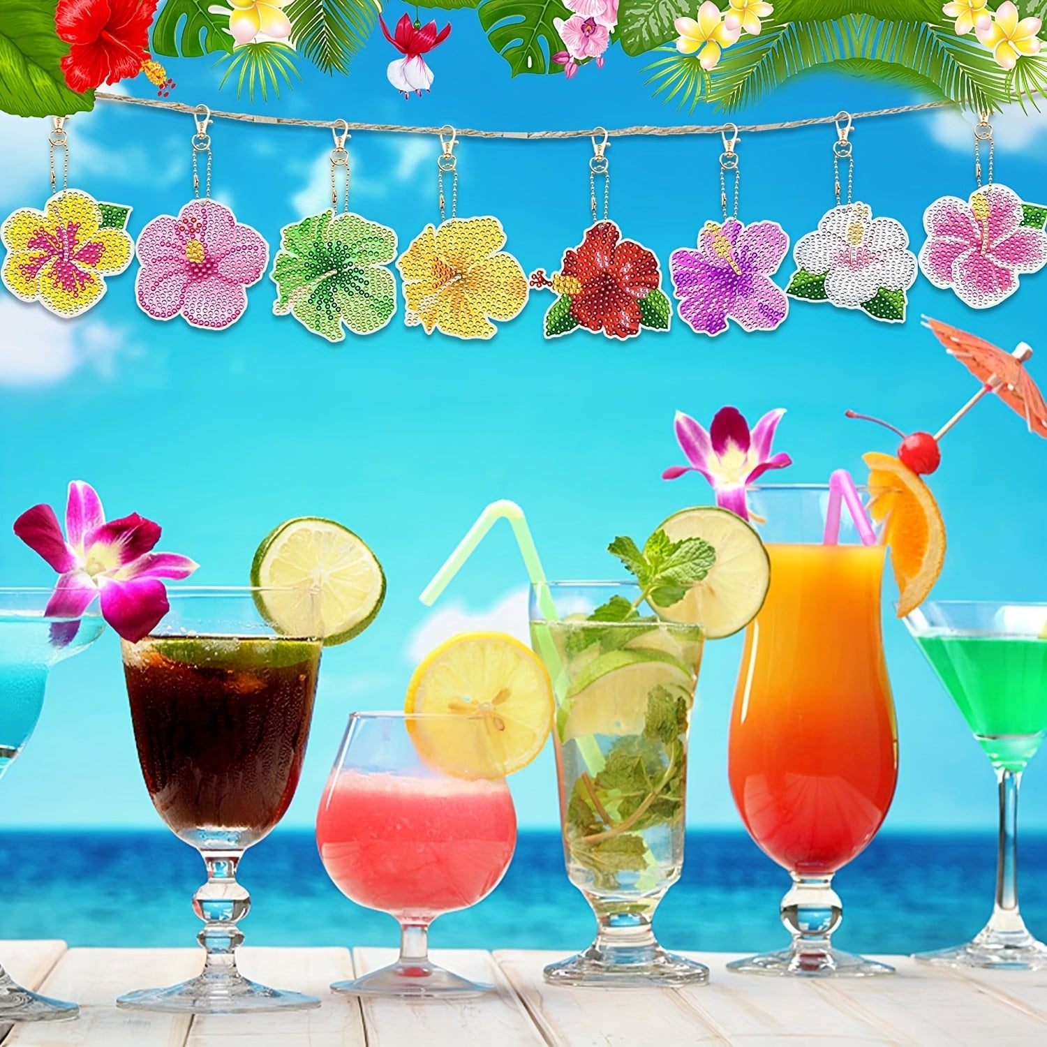 10pcs Tropical Floral Diamond Key Chain DIY Crafts