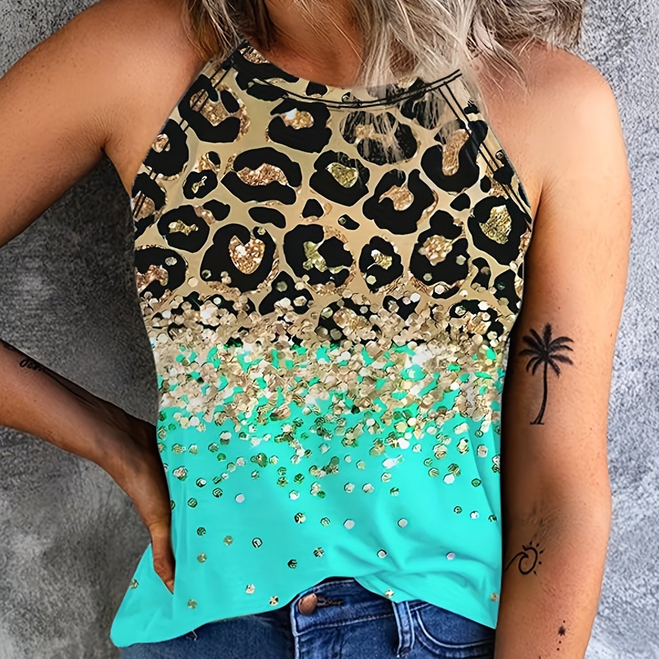 Leopard Print Halter Tank Top Sleeveless Casual Summer Women's Clothing