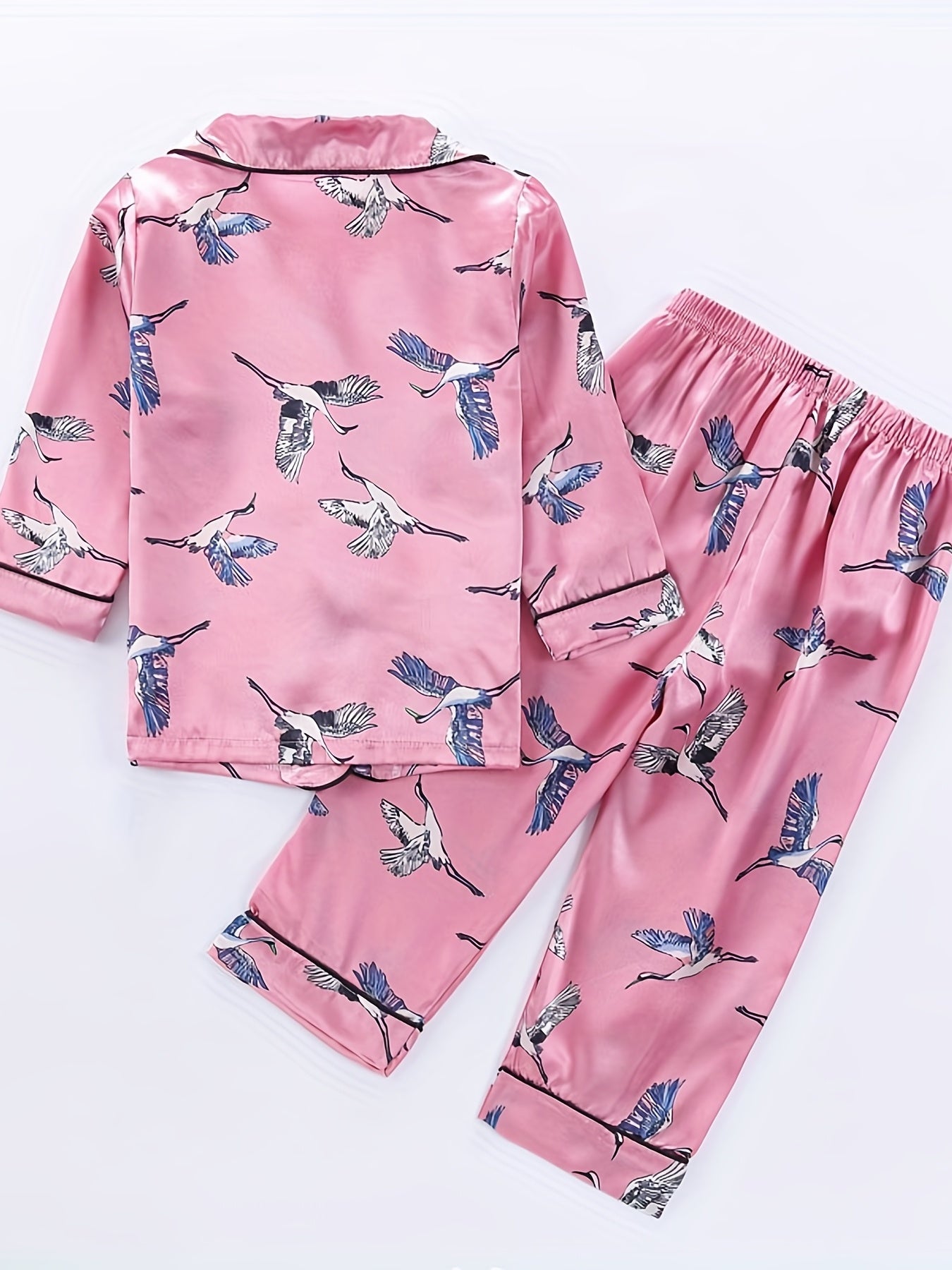 Girls 2pcs Pajamas Top & Pants Crane Print Long Sleeve Button Front PJ Set