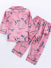 Girls 2pcs Pajamas Top & Pants Crane Print Long Sleeve Button Front PJ Set