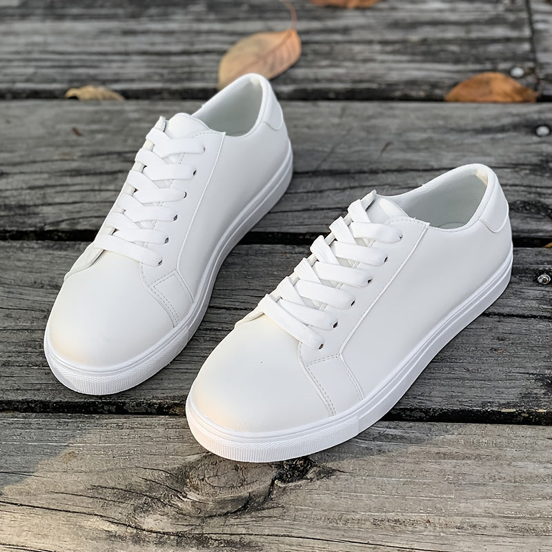 Solid Faux Leather Flat Skate Shoes Low Cut Lace Up Sneakers
