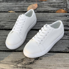 Solid Faux Leather Flat Skate Shoes Low Cut Lace Up Sneakers