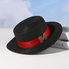 M Label Strap Sun Hat Flat Top Straw Jazz Hat British Style Vintage