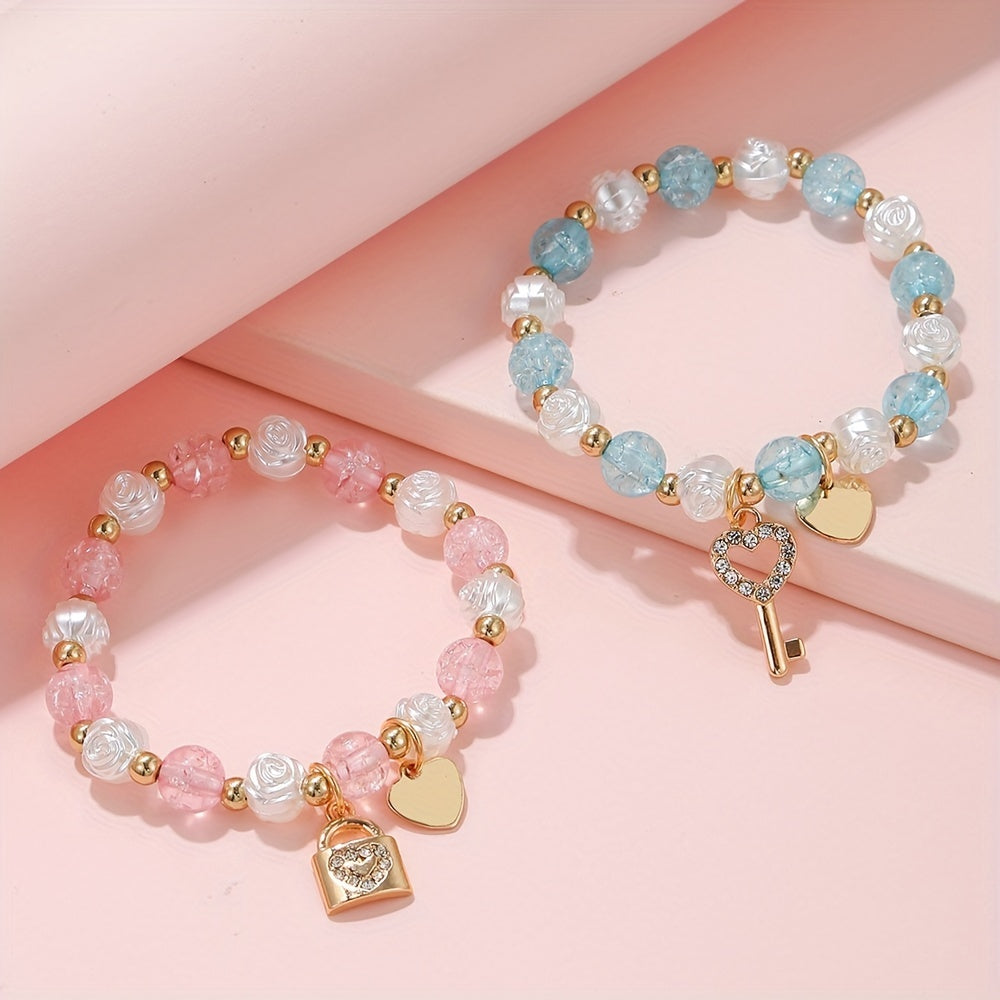 2PCS Children's Heart Pendant Bracelet Flower Beaded Elastic Accessory