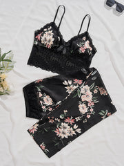 Floral Print Pajama Set V Neck Cami Top & Lace Pants Sleepwear