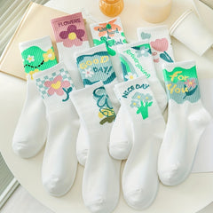 5 Pairs Floral Print Socks Breathable Mid Tube Stockings