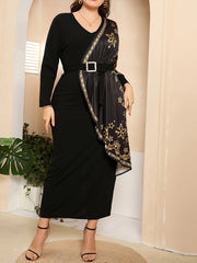 Golden Snowflake Print Colorblock Abaya Dress