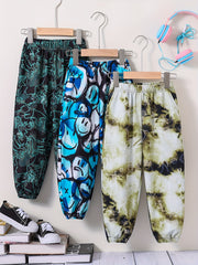 3pcs Boys Tie Dye Smiling Dinosaur Print Jogger Sports Pants