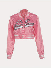 Embroidered Jacket Baseball Collar Crop Top