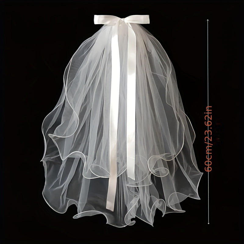Romantic Bridal Wedding Veil with Bow Soft Tulle Cape Shawl for Bride