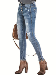 Ripped Holes Skinny Jeans Slim Fit Single Breasted Button Split Denim Pants