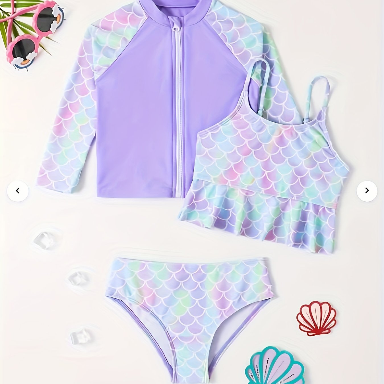 Mermaid Swimsuit Set Quick Drying Zip Front Long Sleeve Cami Top Briefs Kids
