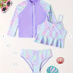 Mermaid Swimsuit Set Quick Drying Zip Front Long Sleeve Cami Top Briefs Kids