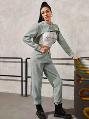 Casual Solid Two-piece Set Cropped Drawstring Hoodies & Jogger Pants