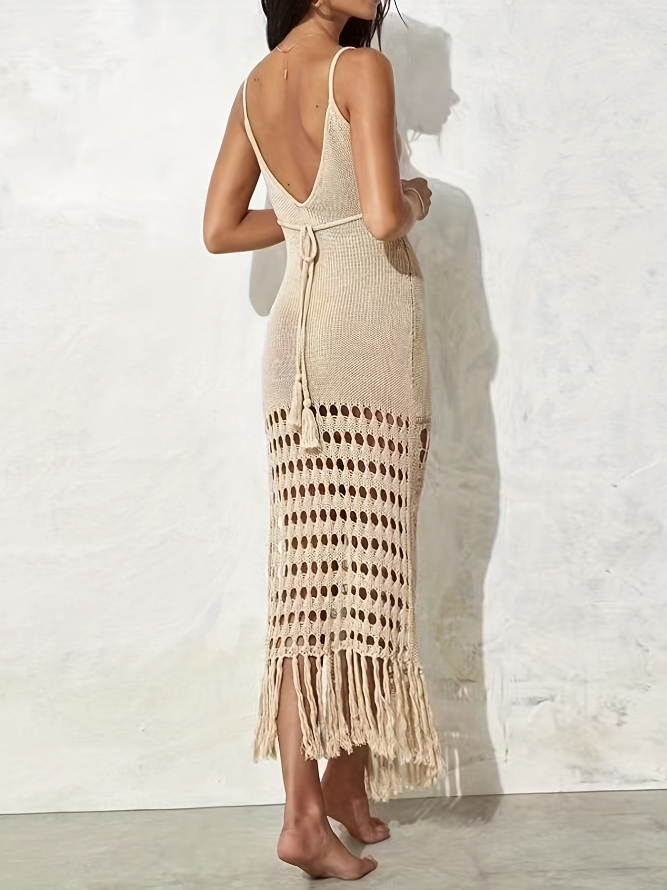 Knit Tassel Hollow Out Cover Up Crochet Eyelet Beachwear