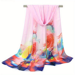 Rose Printed Chiffon Silky Scarf Long Shawl Beach Scarf