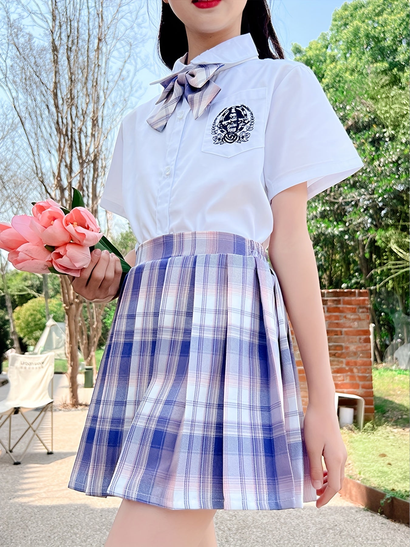 Girls' Plaid Print Varsity Style Pleated Skirt For Summer