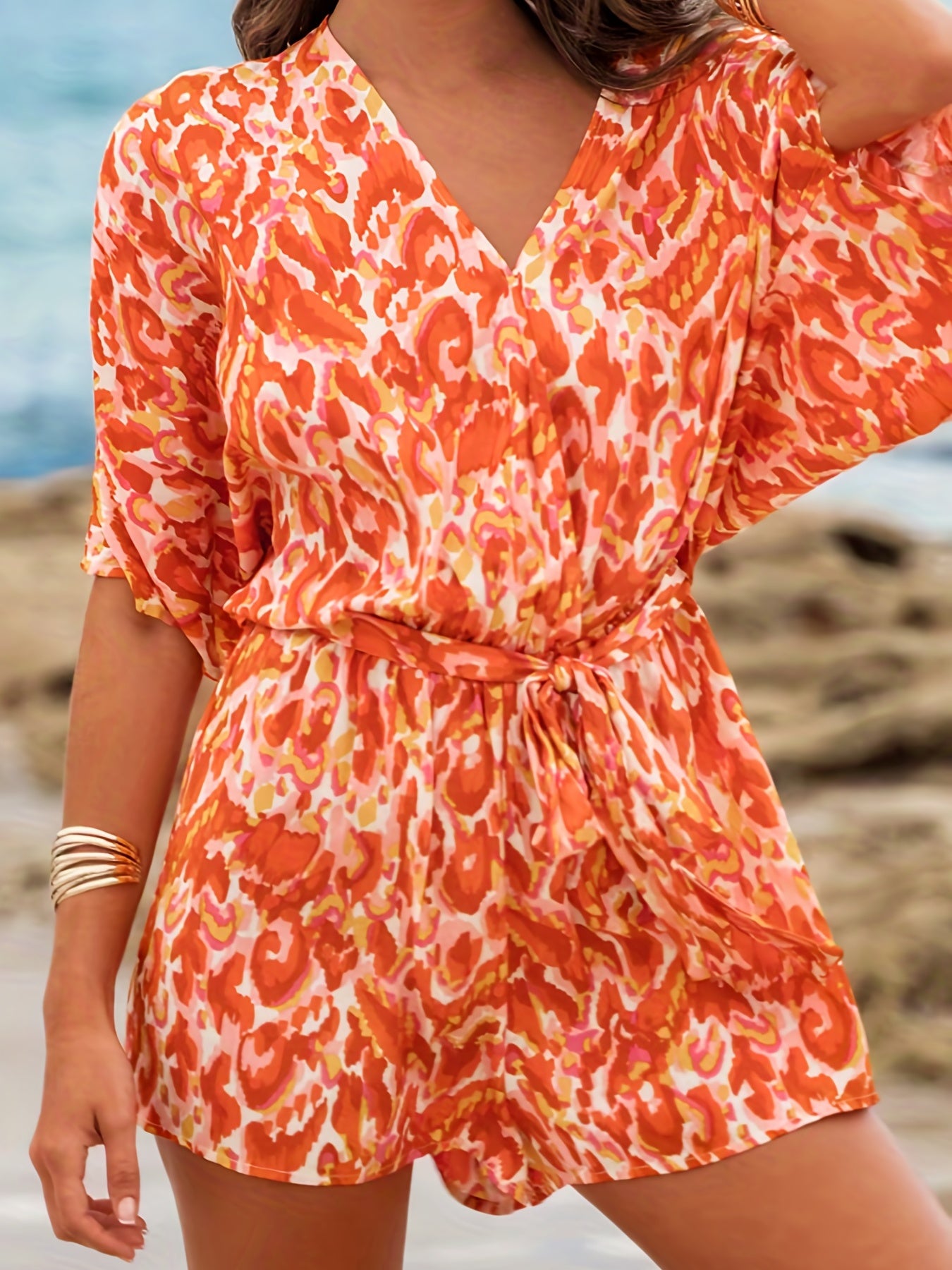 Allover Print V Neck Romper Jumpsuit Casual Half Sleeve Belted Romper