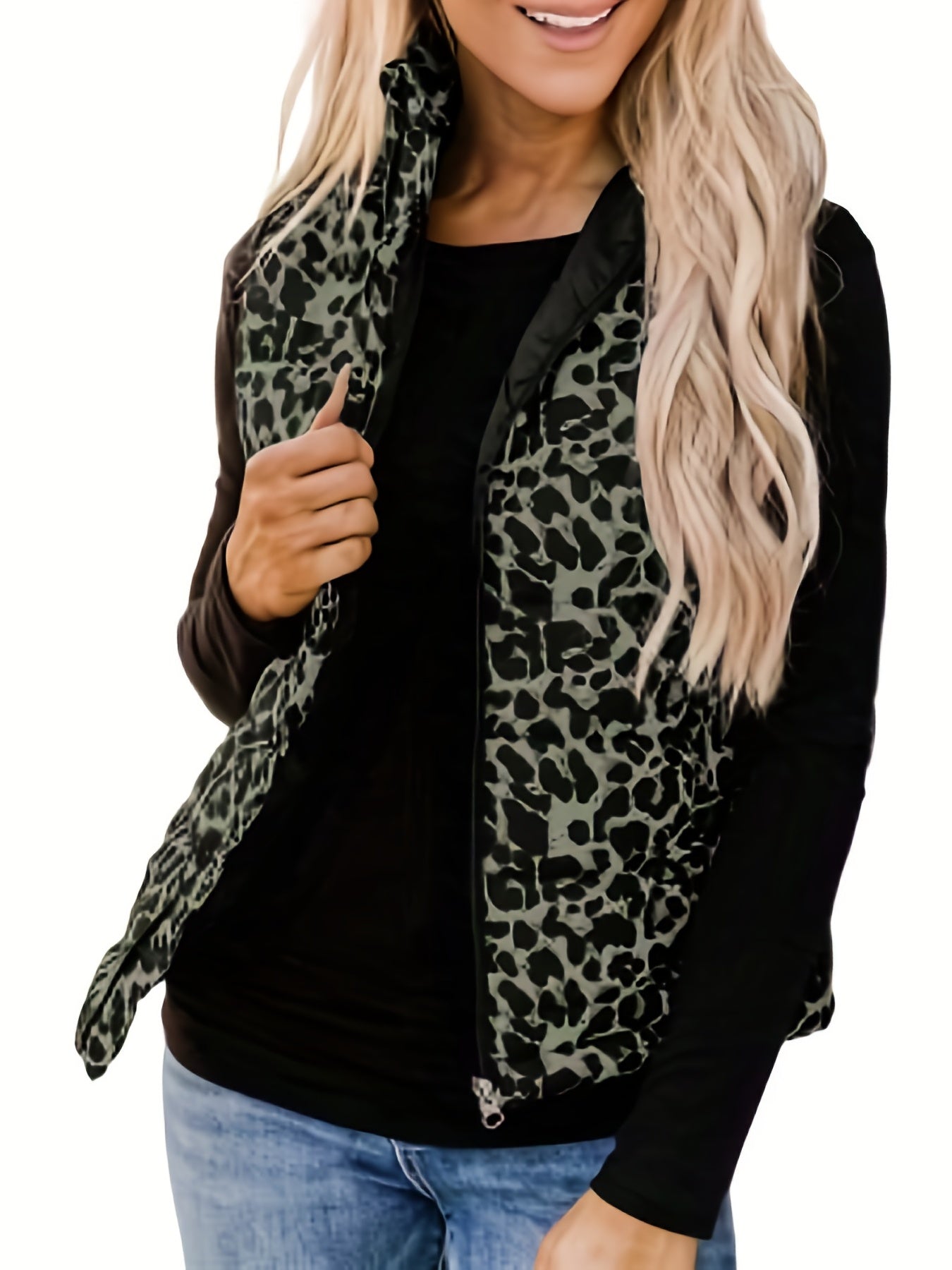 Leopard Print Zip Up Vest Women's Clothing