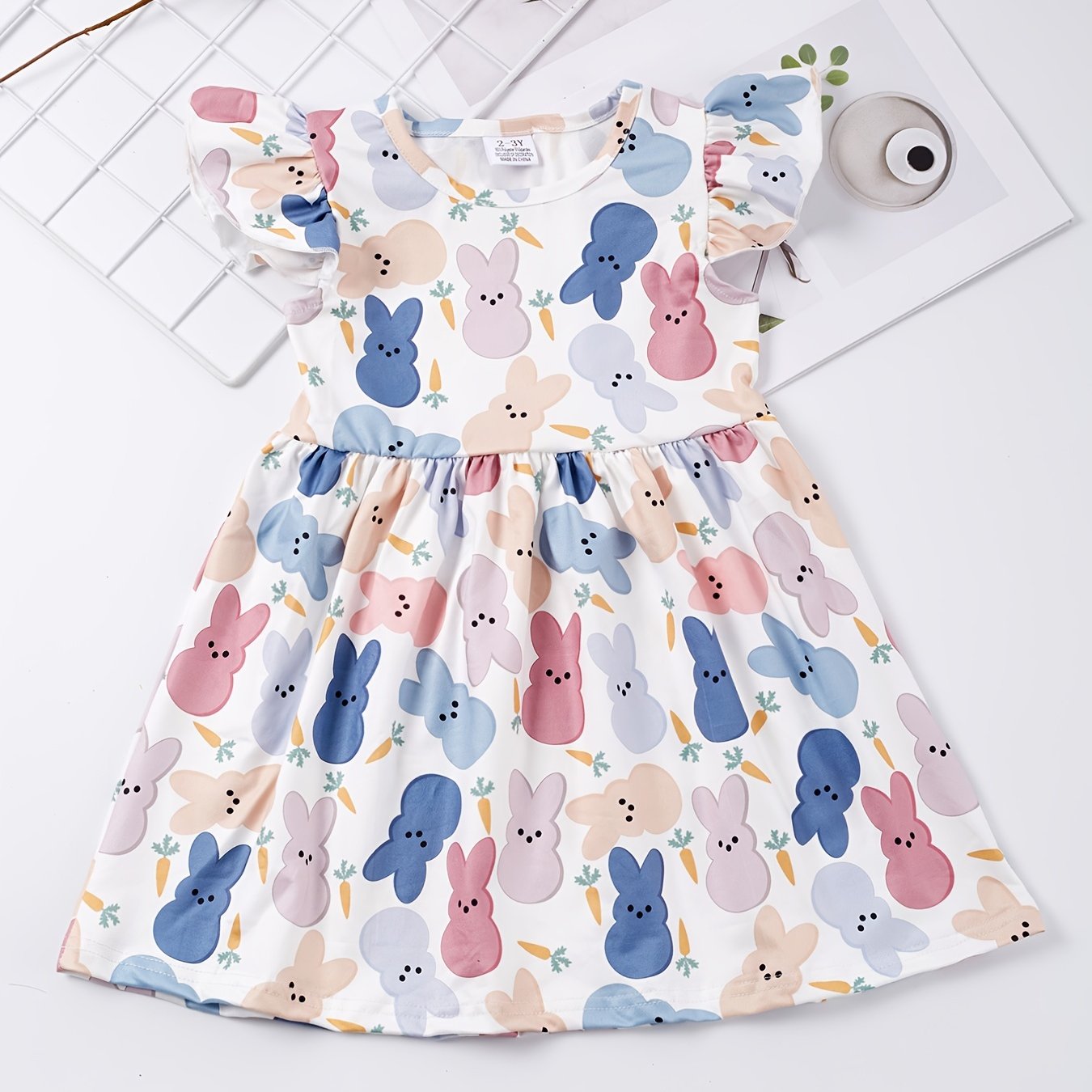 Girls Ruffled Sleeves Crew Neck Easter Bunny Graphic Princess Dress