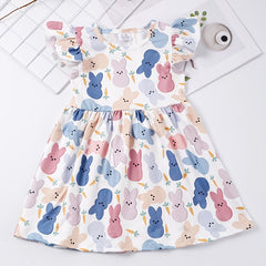 Girls Ruffled Sleeves Crew Neck Easter Bunny Graphic Princess Dress