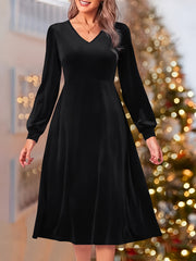 Velvet Long Sleeve V Neck Dress
