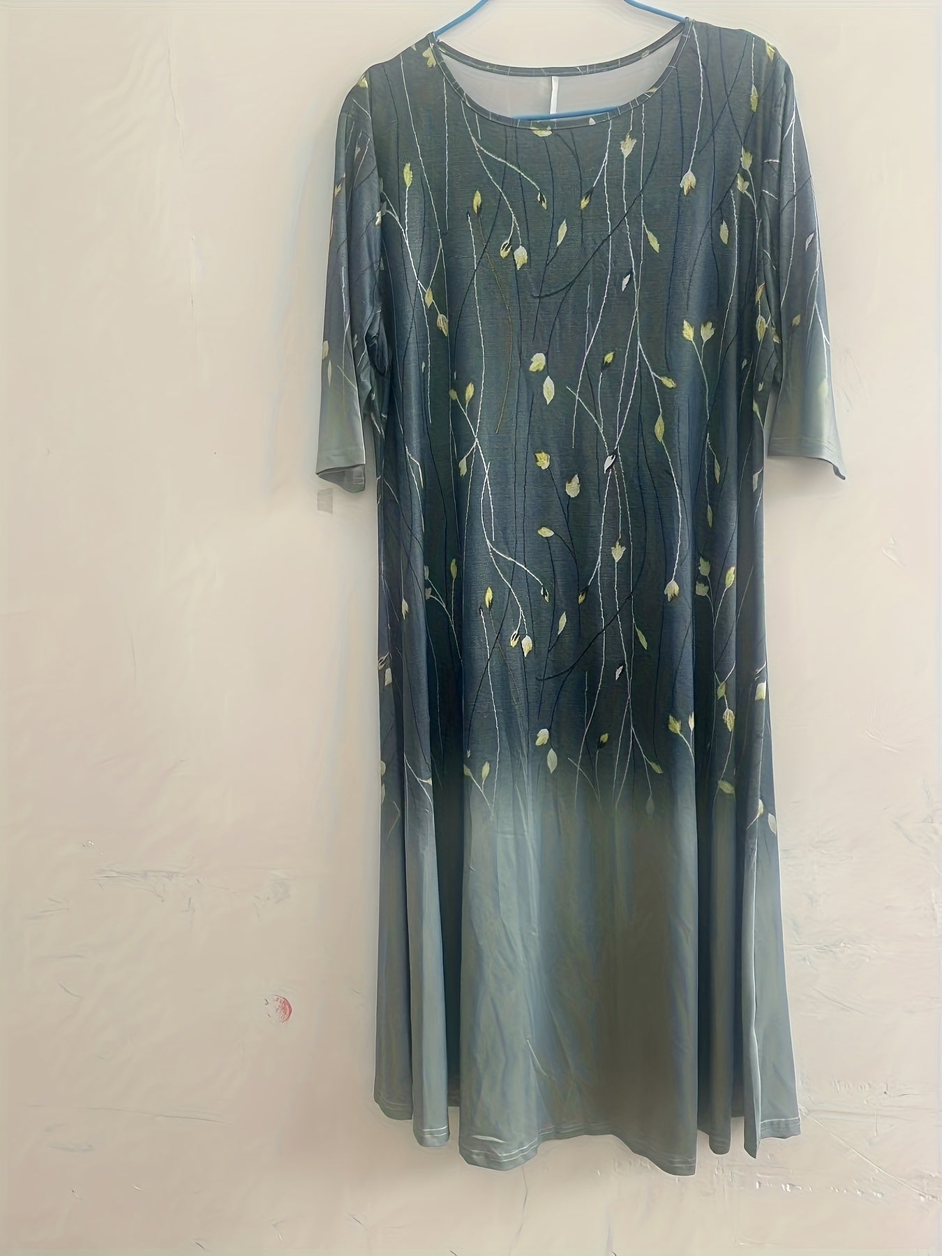 Floral & Ombre Print Half Sleeve Round Neck Dress With Pockets