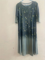 Floral & Ombre Print Half Sleeve Round Neck Dress With Pockets
