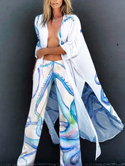 Octopus Print Thigh Split 2 Piece Beachwear Semi Sheer Kimono Cover Up & Pants