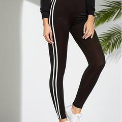 Sporty Leggings Women's Plus Striped Side High Rise Skinny Leggings