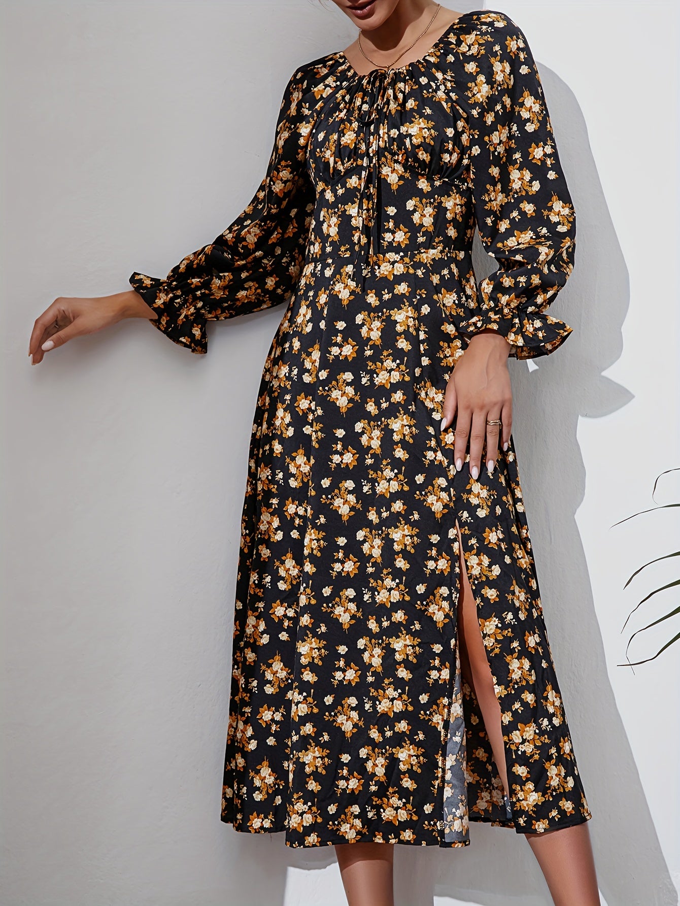 Floral Split Thigh Dress Long Sleeve Squared Neck