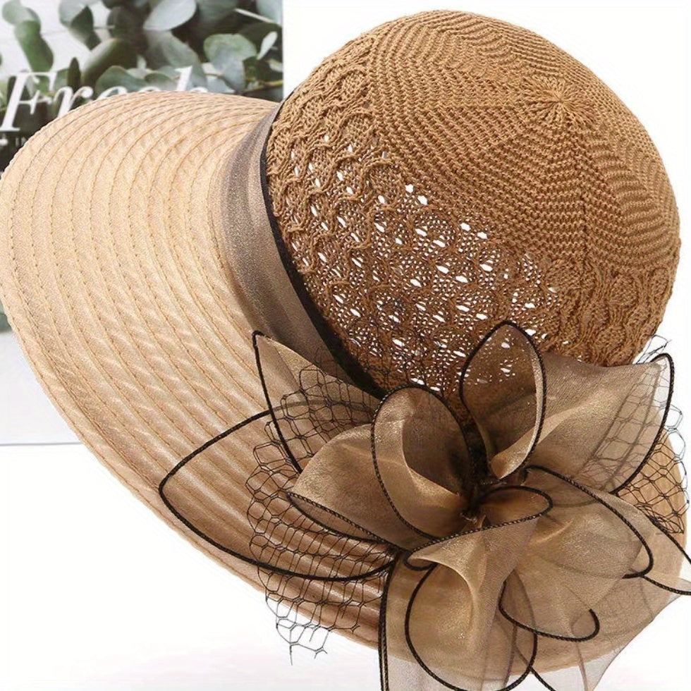 Wide Brim Knitted Bucket Hat Mesh Flower Decor Sunshade Fedora for Women