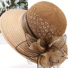 Wide Brim Knitted Bucket Hat Mesh Flower Decor Sunshade Fedora for Women